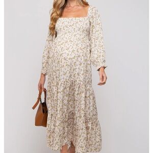 Pink blush Cream Floral Smocked Long Sleeve Maternity Maxi Dress